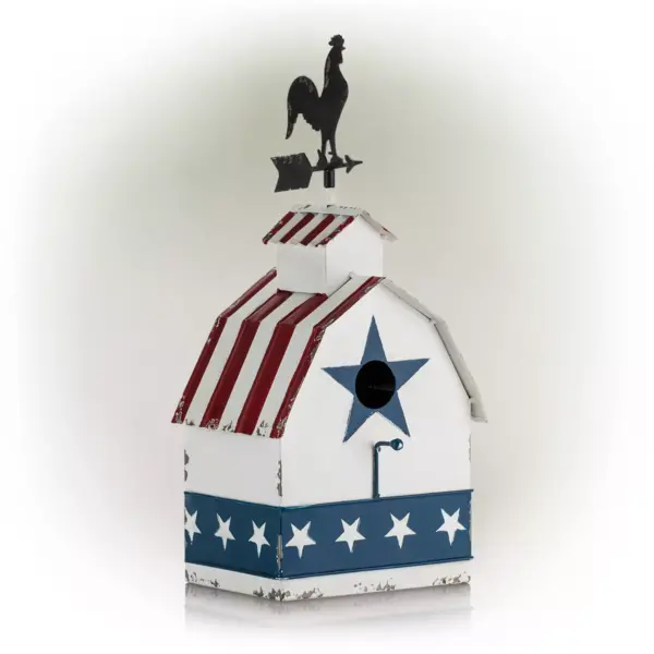 18" Iron Patriotic Birdhouse With Rooster Vane Top - Alpine Corporation