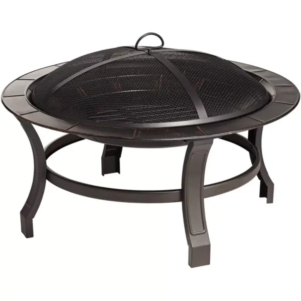 John Timberland Iron Outdoor Fire Pit Round 30" Bowl Brick Steel Wood Burning With Spark Screen and Fire Poker for Outside Backyard Patio Camping