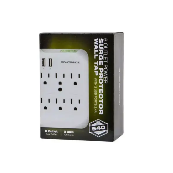 Monoprice Power & Surge - 6 Outlet Power Surge Protector Wall Tap With 2 Built In 2.4A USB Ports - White | UL Rated 540 Joules With Protected Light