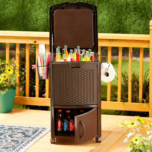 Suncast 77 Quart Patio Cooler w/ Cabinet and Basket w/ Wicker Trash Hideaway