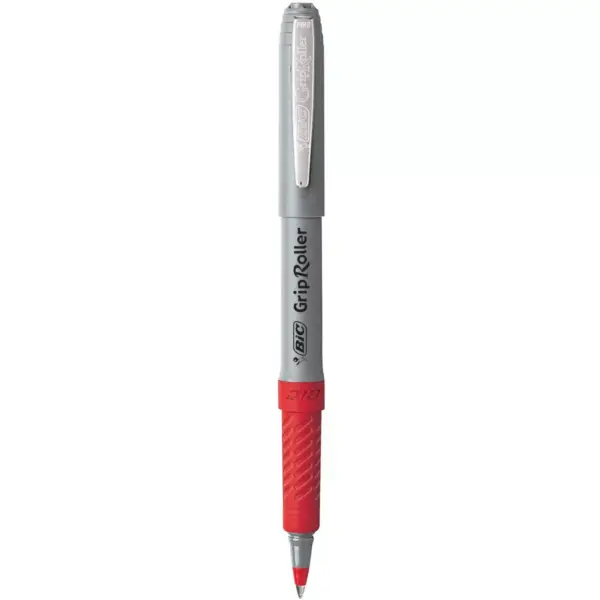 BIC Roller Glide Grip Ballpoint Pen with Metal Clip, 0.7 mm Fine Tip, Red Ink, Gray Barrel, pk of 12