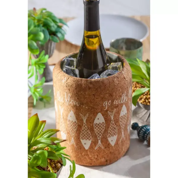 Lone Elm Studios 7.5-Inch Tall Corked Wrapped Galvanized Metal Wine Chiller with Fish Motif on the Cork