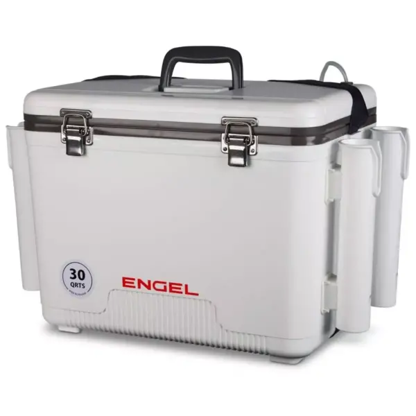 Engel 30 Quart Insulated Live Bait Fishing Dry Box 48 Can Hard Airtight Cooler with Water Speed Aerator Pump, Removable Pull Net and 4 Rod Holders