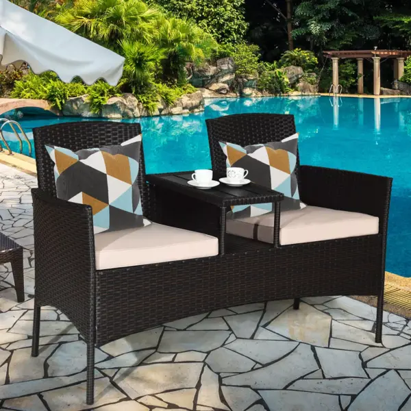 Costway Patio Rattan Conversation Set Loveseat Sofa Cushioned Coffee Table Mix Brown