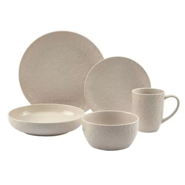 20pc Stoneware Embossed Boxwood Dinnerware Set White - Tabletops Gallery