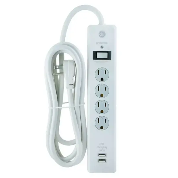 General Electric 6' Extension Cord With 4 Outlet 2 USB Surge Protector White