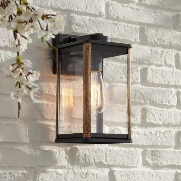 John Timberland Modern Farmhouse Outdoor Wall Light Fixture Dark Bronze Wood Grain 11 1/2" Clear Glass Panels Exterior House Porch