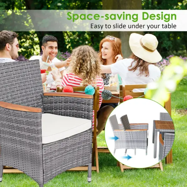 Costway 7PCS Patio Rattan Dining Set Acacia Wood Table Cushioned Chair Mix Gray