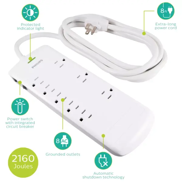 Philips 8-Outlet Surge Protector with 8ft Extension Cord, White