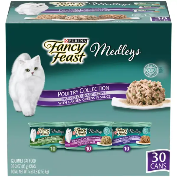 Fancy Feast Medleys Poultry Collection with Garden Greens in Sauce Gourmet Wet Cat Food - 3oz/30ct Variety Pack