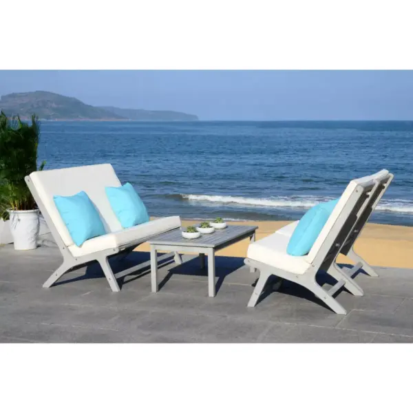 Chaston 4pc Outdoor Living Set With Accent Pillows - Gray Wash/White/Light Blue - Safavieh