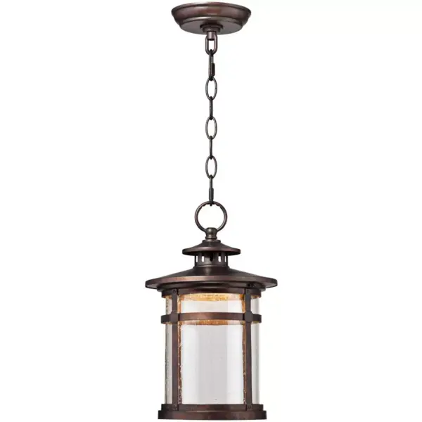 Franklin Iron Works Rustic Outdoor Ceiling Light Hanging Lantern LED Bronze 13 1/2" Clear Seedy Glass for Exterior Porch Patio