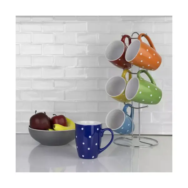 Home Basics 6 Piece Polka Dot Mug Set with Stand