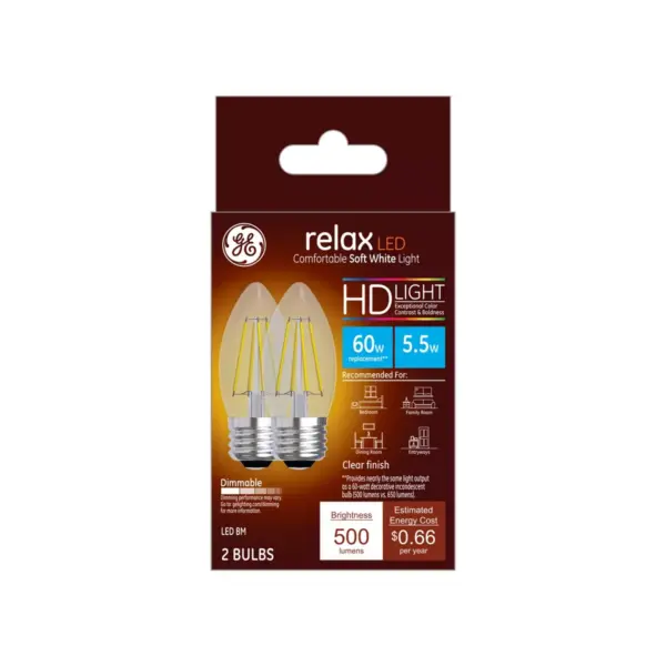 General Electric 2pk 60W Relax Deco BM Clear LED Light Bulb White