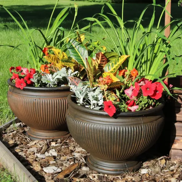 Sunnydaze Indoor/Outdoor Patio, Garden, or Porch Weather-Resistant Double-Walled Elizabeth Ribbed Urn Flower Pot Planter - 16" - Rust Finish - 4pk