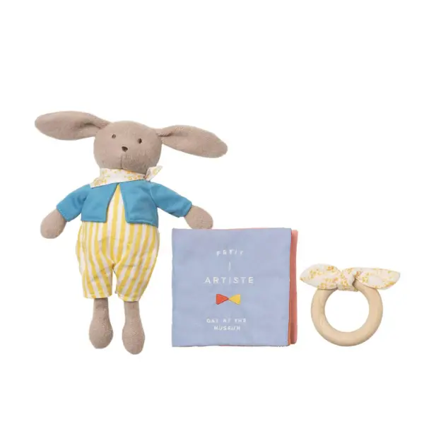 Manhattan Toy Petit Artiste Bunny Doll, Soft Book, and Wooden Teether Baby Soothing Gift Set