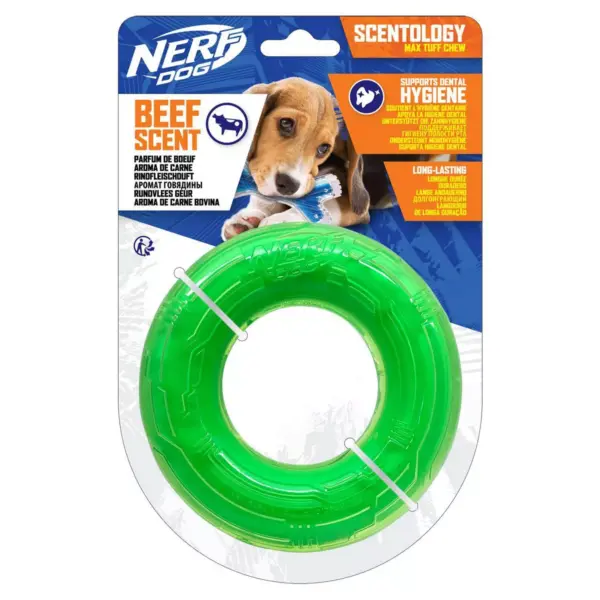 NERF Beef Scent Scentology Ring Max Tuff Chew Dog Toy - Green - 5"