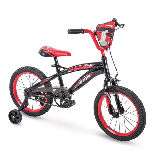 Huffy Moto X 16 Inch Age 4-6 Kids Bike Bicycle with Training Wheels & Hand Brake, Black & Red