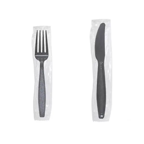 Karat Black Polystyrene Plastic Wrapped Heavyweight Disposable Forks and Knives for Restaurants, Diners, and Takeout , 1000 Pack