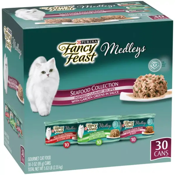 Fancy Feast Medleys Seafood Collection with Garden Greens in Sauce Gourmet Wet Cat Food - 3oz/30ct Variety Pack