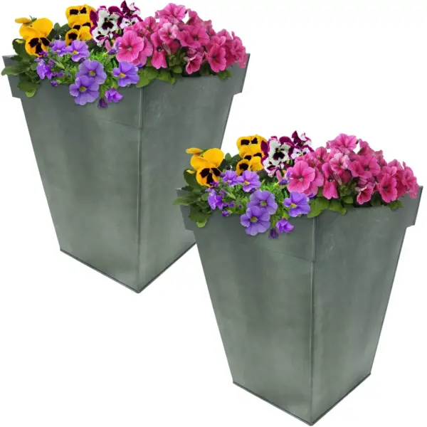 Sunnydaze Modern Decorative Indoor/Outdoor Galvanized Steel Standing Planters for Flowers, Plants and Herbs - 13.75" Square - Moss - 2-Pack