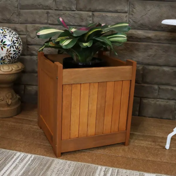 Sunnydaze Outside Meranti Wood Outdoor Planter Box with Teak Oil Finish for Garden, Porch and Patio - 16" Square