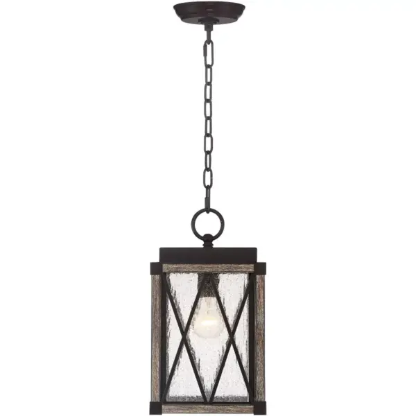 Possini Euro Design Rustic Outdoor Ceiling Light Hanging Bronze Wood 14 1/2" Clear Seedy Glass Lantern Exterior House Porch Patio