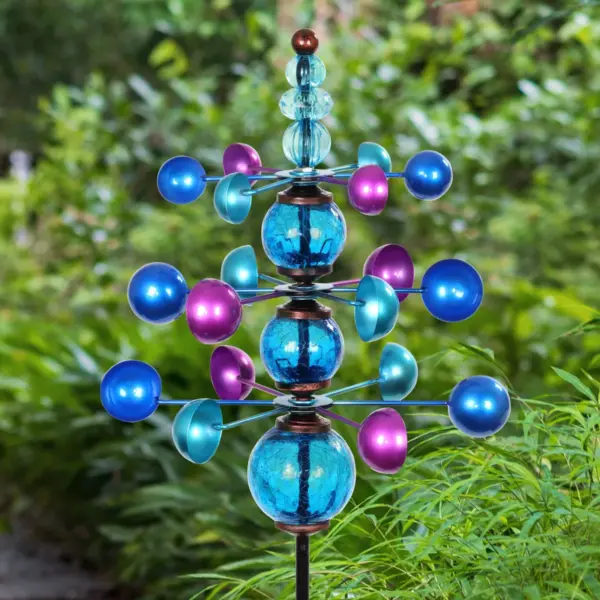 48" Metal and Glass Triple Wind Spinner Stake Blue - Exhart