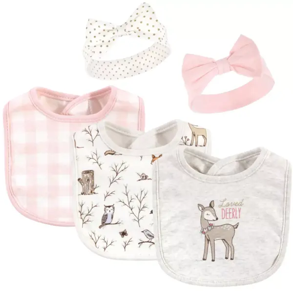 Hudson Baby Infant Girl Cotton Bib and Headband Set 5pk, Enchanted Forest, One Size