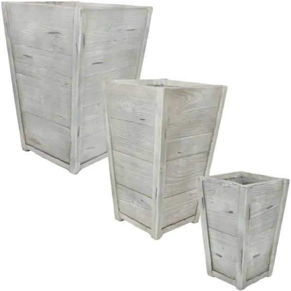 Sunnydaze Manor Indoor/Outdoor Fiber Clay Square Planter Flower Pots - 9.5", 10.75", and 16" Square - Distressed Wood - 3-Piece Set