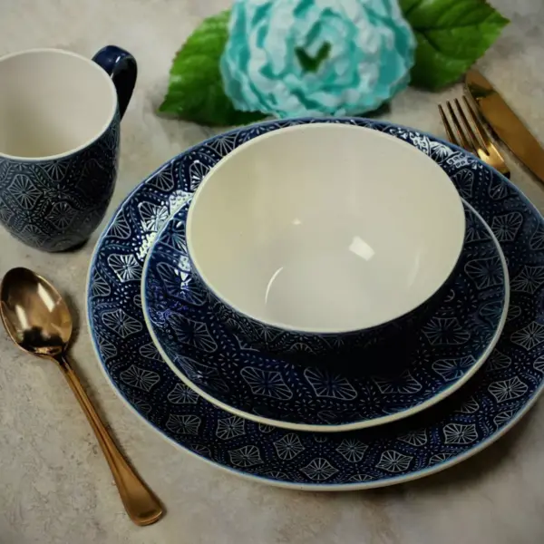 16pc Stoneware Lovely Tapestry Dinnerware Set Blue - Elama