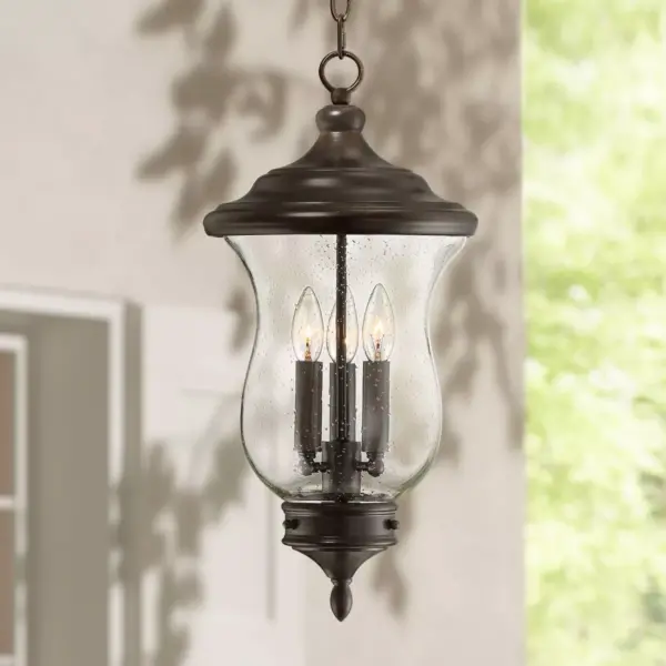 Franklin Iron Works Outdoor Ceiling Light Hanging LED Dimmable Bronze 22" Clear Seedy Glass for Exterior House Porch Patio