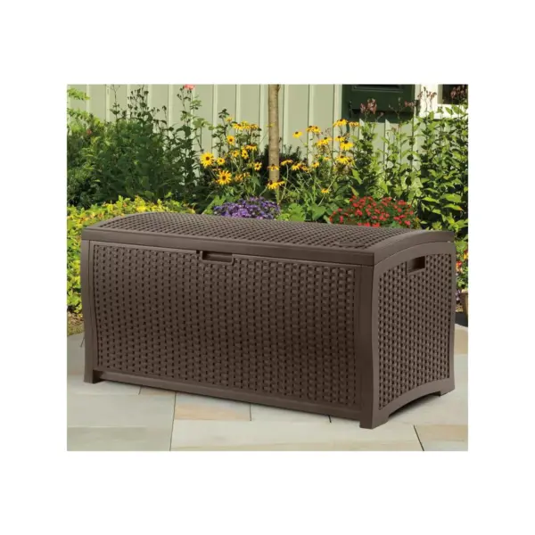 Suncast 73 Gallon Mocha Wicker Resin Outdoor Patio Storage Deck Box (2 Pack)