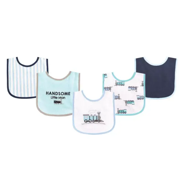 Luvable Friends Baby Boy Cotton Terry Drooler Bibs with PEVA Back 5pk, Train, One Size