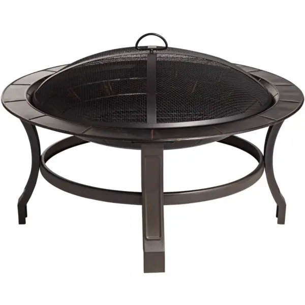 John Timberland Iron Outdoor Fire Pit Round 30" Bowl Brick Steel Wood Burning With Spark Screen and Fire Poker for Outside Backyard Patio Camping