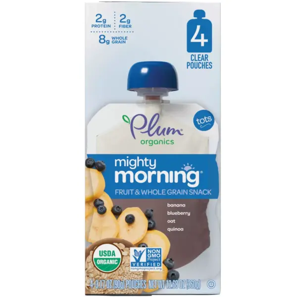 Plum Organics Mighty Morning 4pk Banana Blueberry Oat Quinoa Fruit & Whole Grain Snack Pouches - 12.68oz