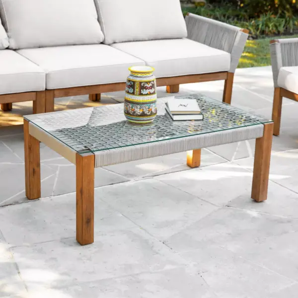 Celadon Indoor/Outdoor GlassTop Rectangle Cocktail Table - Natural - Aiden Lane