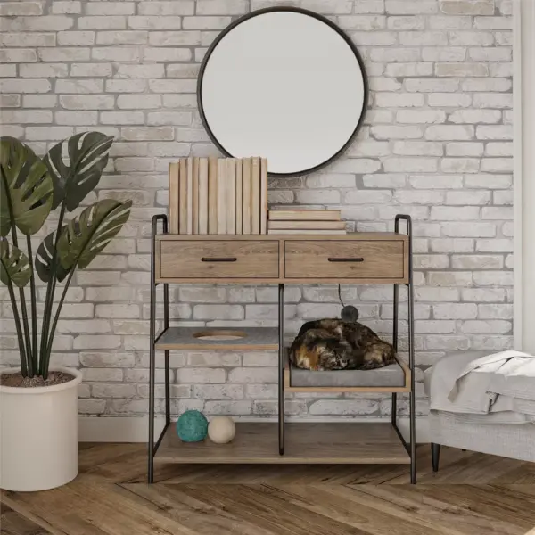 O'Malley Accent Table with Cat Bed, Rustic Oak