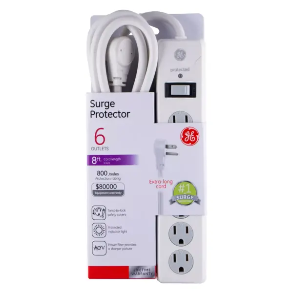 General Electric 6 Outlet Surge  Protector With 8' Extension Cord Twist To Close Safety Covers White