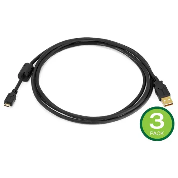 Monoprice USB Type-A to Micro Type-B 2.0 Cable - 6 Feet - Black (3 Pack) 5-Pin, 28/24AWG, Gold Plated Connectors, For Smartphones and Tablets