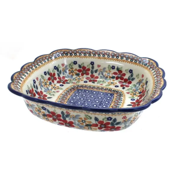 Blue Rose Polish Pottery Red Daisy Small Square Serving Dish