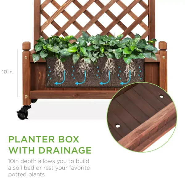 Best Choice Products 48in Mobile Wood Planter Box & Diamond Lattice Trellis, w/ Drainage Holes, Optional Wheels - Walnut