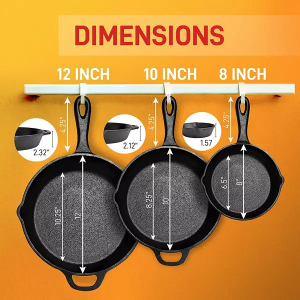 NutriChef Heavy Duty Non Stick Pre Seasoned Cast Iron Skillet Frying Pan 3 Piece Set, 8 Inch 10 Inch 12 Inch Pans with Silicone Handles (2 Pack)