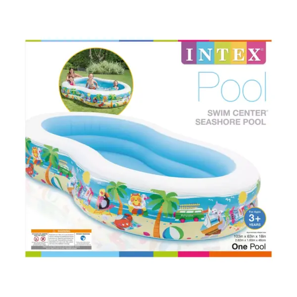 Intex 8.5ft x 5.25ft x 18in Swim Center Paradise Seaside Inflatable Kiddie Pool with Drain Plug for Quick and Easy Clean Up