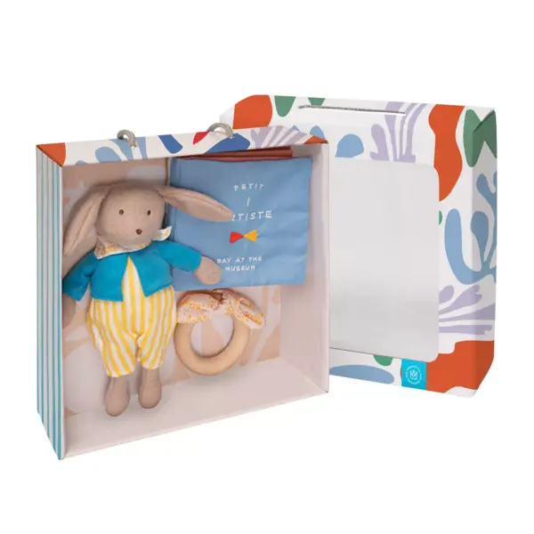 Manhattan Toy Petit Artiste Bunny Doll, Soft Book, and Wooden Teether Baby Soothing Gift Set