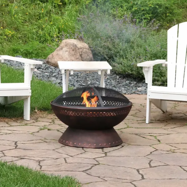 Sunnydaze Outdoor Camping or Backyard Steel Chalice Fire Pit with Spark Screen and Log Poker - 25" - Copper Finish