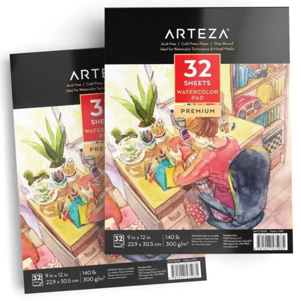 Arteza Watercolor Pencil Bundle - 2 Watercolor Pencils, 2 Pads, 6 Water Brush Pens