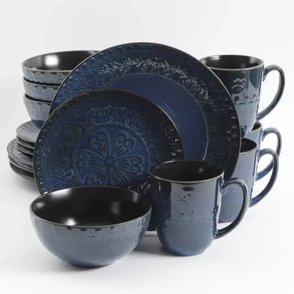 Gibson 124303.16R Elite Milanto Embossed Glazed Durable 16 Piece Dinnerware Set, Microwave and Dishwasher Safe, Blue