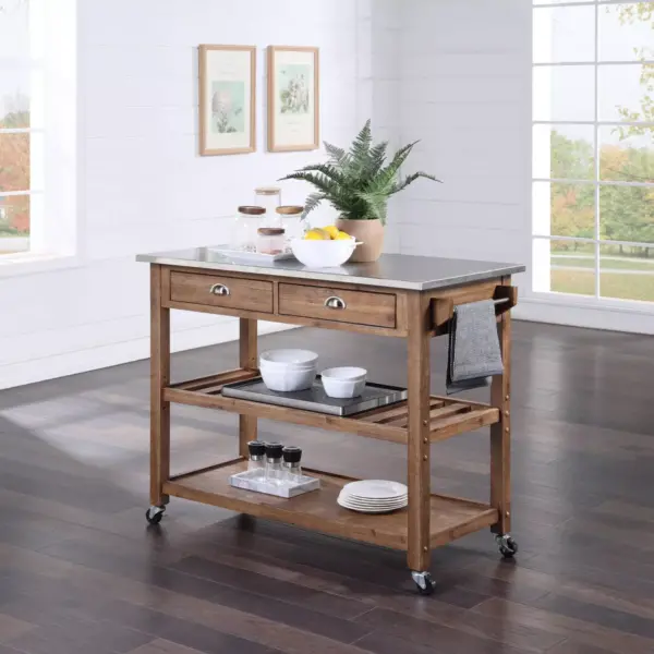 Sonoma Kitchen Cart with Stainless Steel Top Wire Brush Barnwood Brown - Boraam