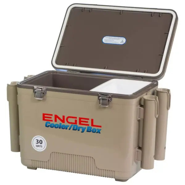 Engel 30-Quart 48 Can Portable Leak-Proof Compact Lightweight Insulated Airtight Hard Drybox Cooler with 4 Rod Holders for Fishing, and Camping, Tan